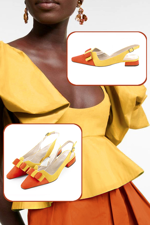 Women's clementine orange and yellow elegant slingback heels, with a bow on the front. Tapered toe. Flat block heels - Top view